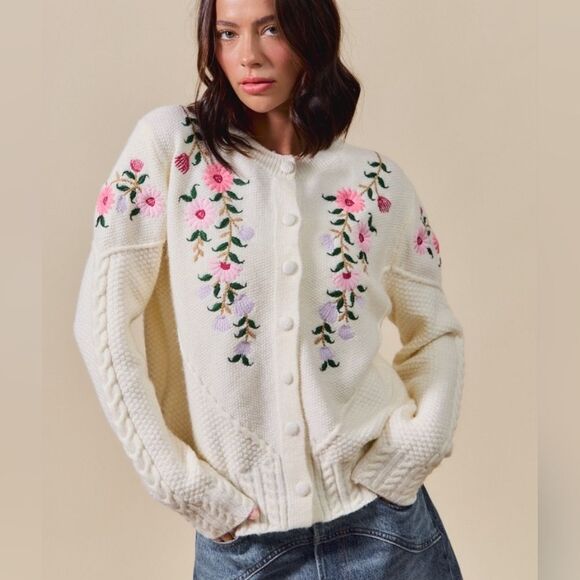 SO ME Floral Embroidered Coquette Cardigan Embroidered Cream Sweater - Picture 9 of 11